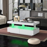 Coffee Table For Living Room, High Gloss Tea Table With 16-Color LED Lights, Coffee Table With 2 Drawers And Open Storage Space, End Table For Home Office Furniture, White
